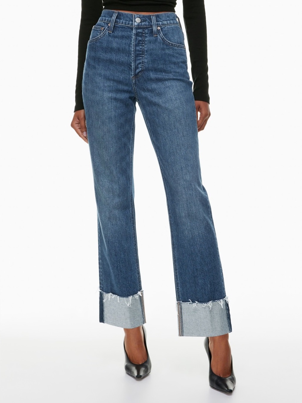 Denim Forum Arlo Hi-Rise Cuff Jeans Blue Size 26 Straight Leg Aritzia Denim